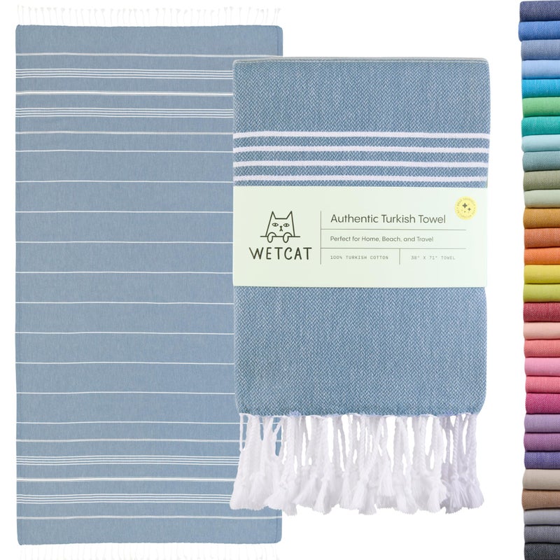 WETCAT Turkish Beach Towel Oversized (38""x71"") 100% Turkish Cotton  Made in Turkey - Sand Free  Extra Large  Ultra Soft  Quick Drying  Compact & Lightweight for Travel - Denim Blue - Image 1